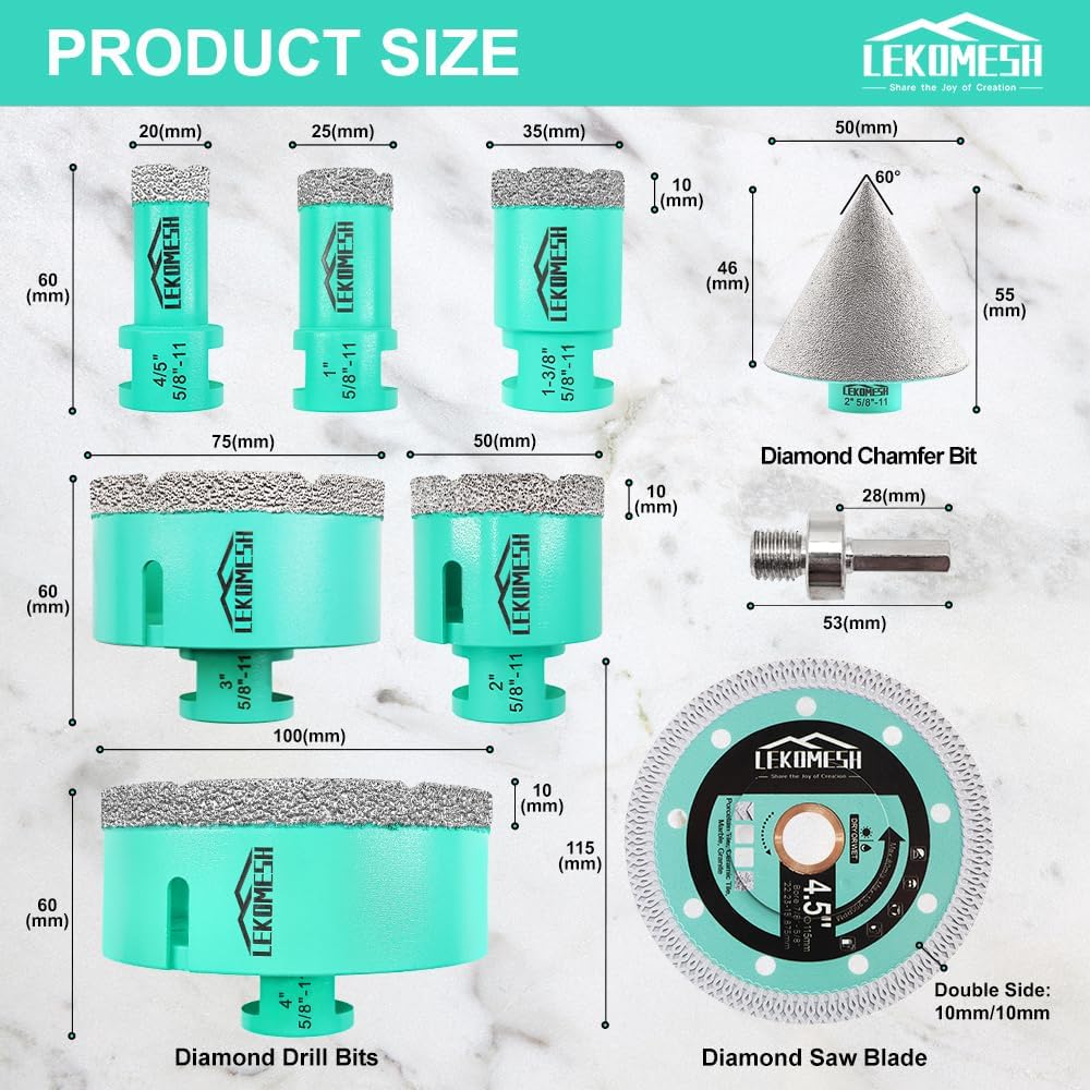 Tile Hole Saw Kit - (20/25/35/50/75/100mm+50mm Beveling Chamfer Bit+ Adapter) and 4.5 Inch Diamond Saw Blade Cutting Disc Wheel