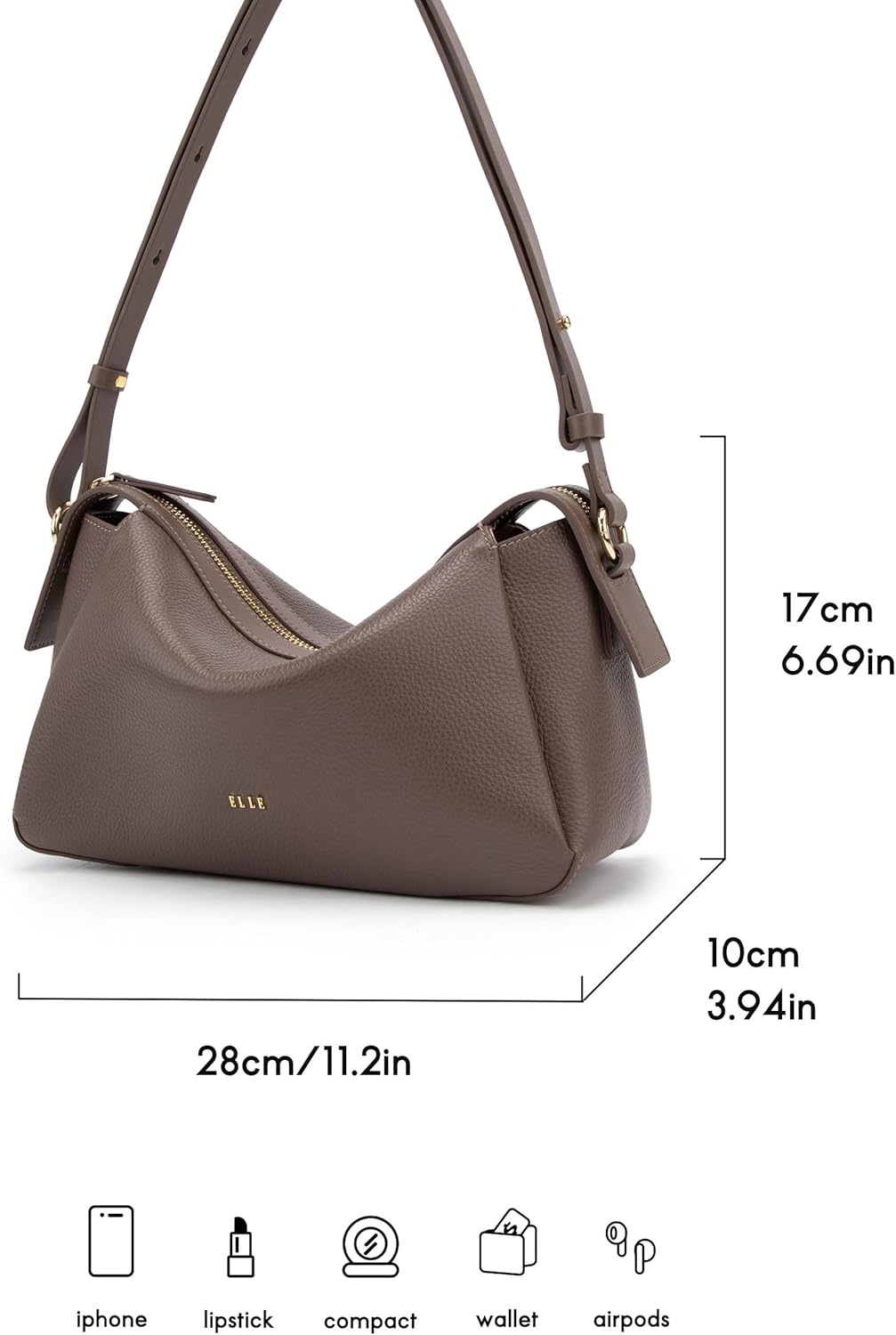 ELLE Full-Grain Leather Purses for Women Convertible Shoulder Bag Adjustable Strap