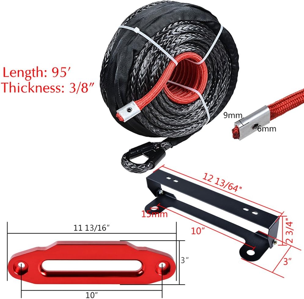 Black 95ft x 3/8" 20500LBs Synthetic Winch Rope Cable Heat Guard + 10" RED Hawse Fairlead w/ 4 Mounting Hole 254mm Flip-Up License Plate Holder Kit