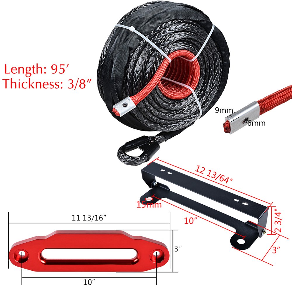 amopacorp Black 95feet x 3/8 inch Synthetic Winch Rope Guard and 10 inch Red Hawse Fairlead with 254mm Flip-Up License Plate Holder Kit