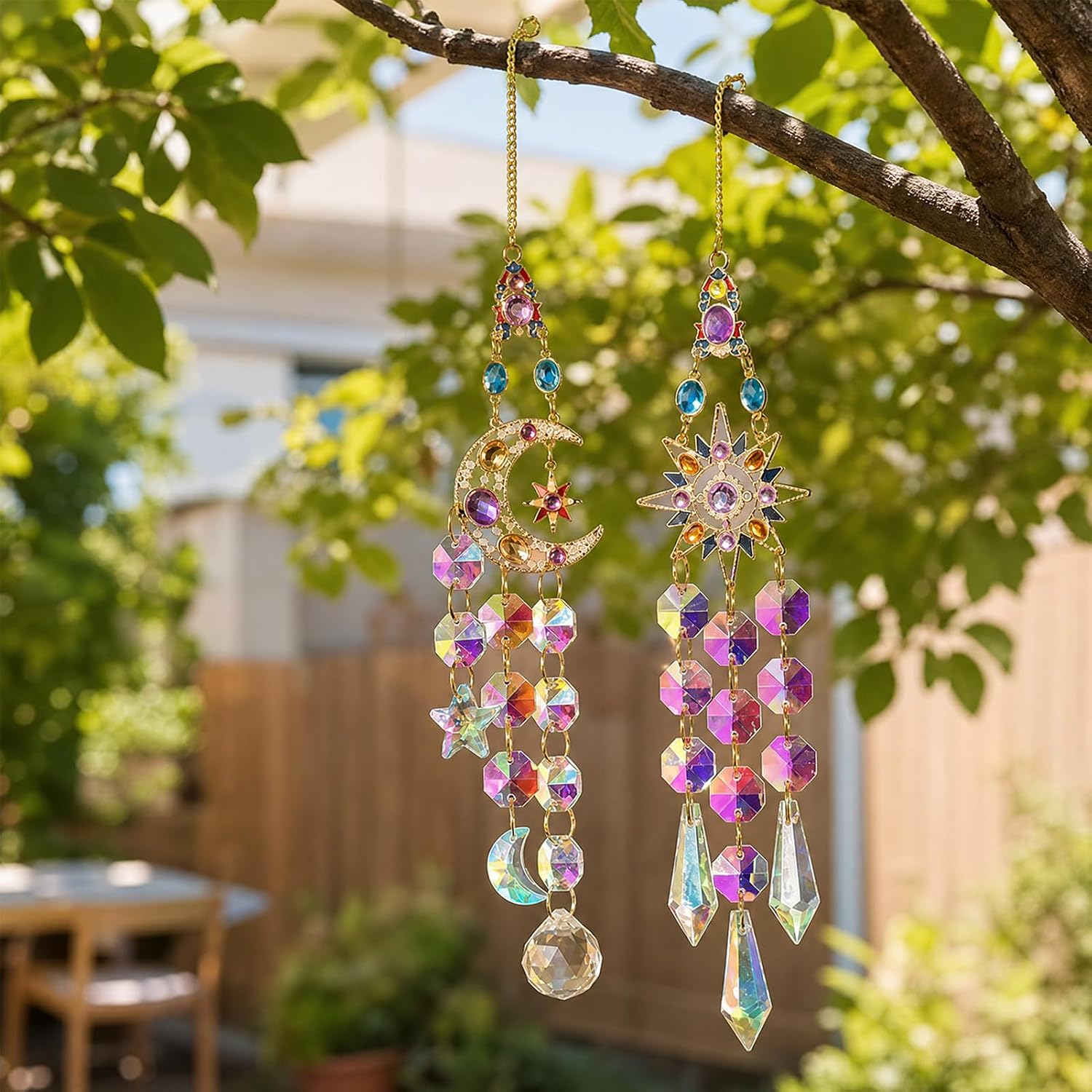 2 Pack Colorful Crystal Suncatcher Star and Moon Suncatchers for Windows Hanging, Crystal Sun Catchers with Rainbow Prism Effect, Hanging Ornament Pendant Decor Rainbow Maker Pendant for Home Garden