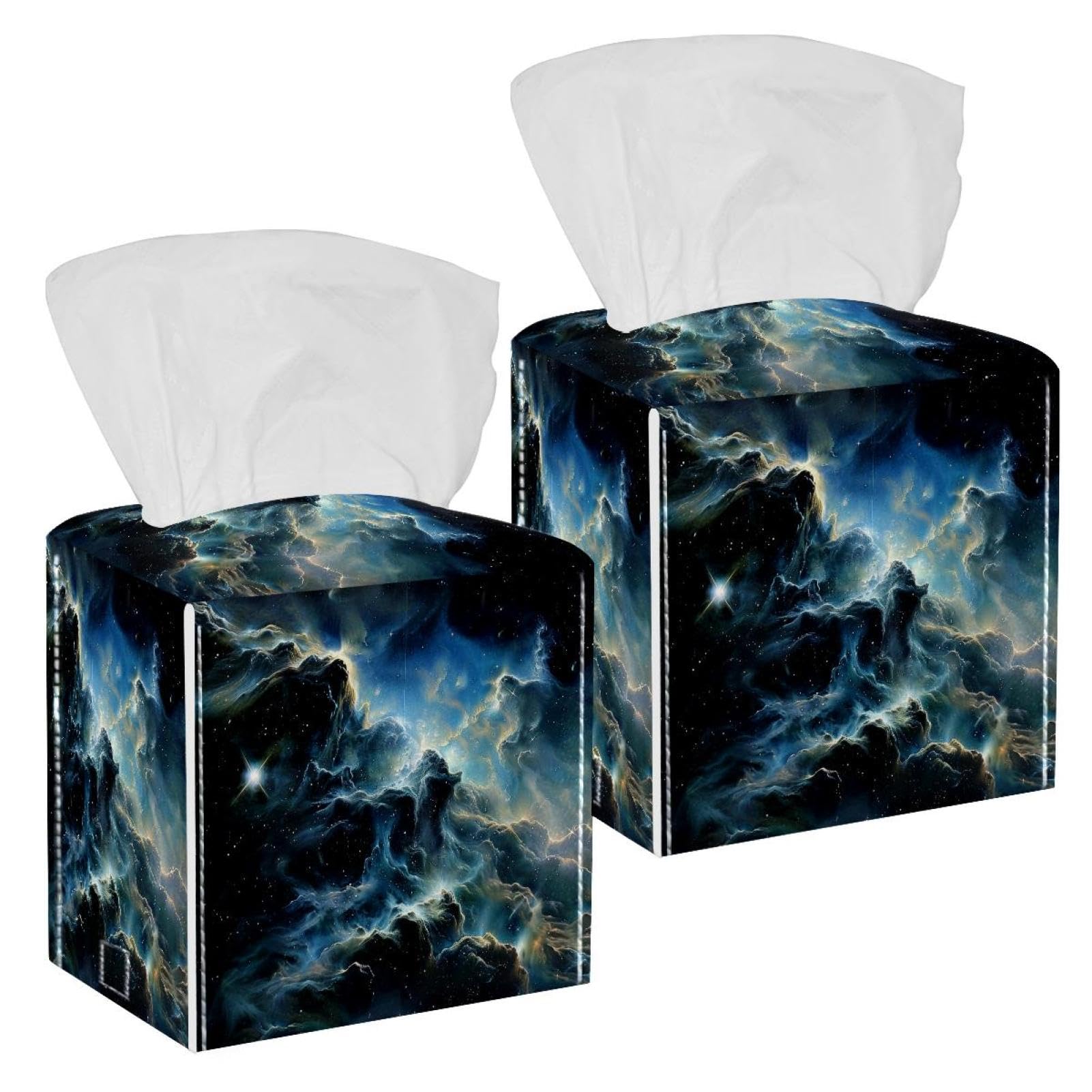 Stars Nebula Tissue Box Cover, 2 Pack PU Leather Square Facial Tissue Dispenser Box holder for Home Office Car