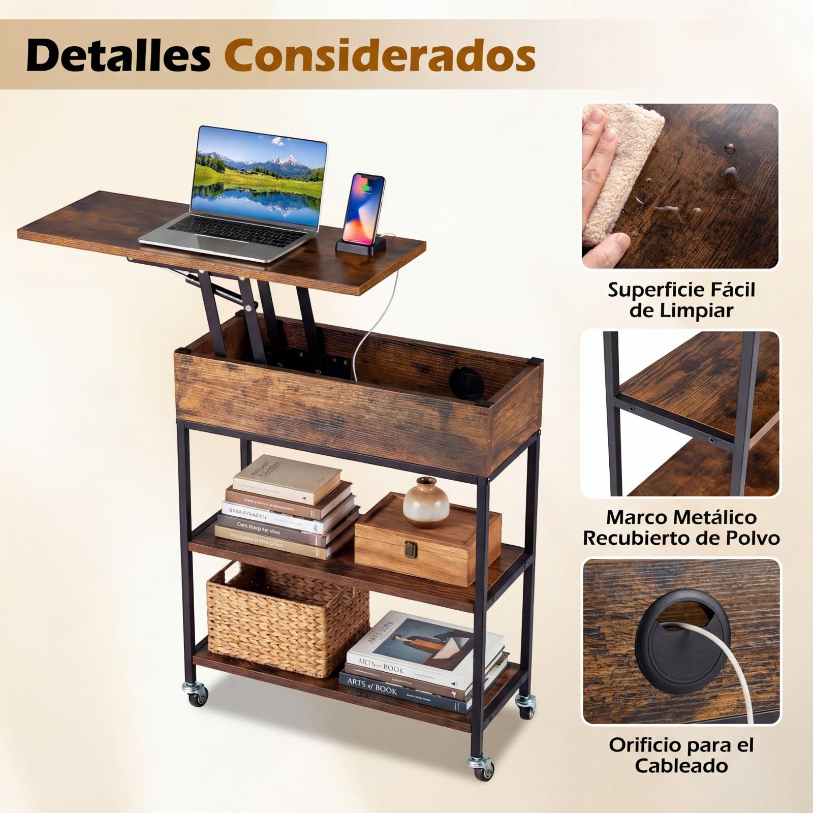 COSTWAY Mesa Auxiliar con Tapa Elevable y Estación de Carga, Mesa de Escritorio con Ruedas, Compartimento Oculto y Estantes, Mesita de Noche para Sofá, Salón y Dormitorio, 60x24x67,5 cm, Industrial