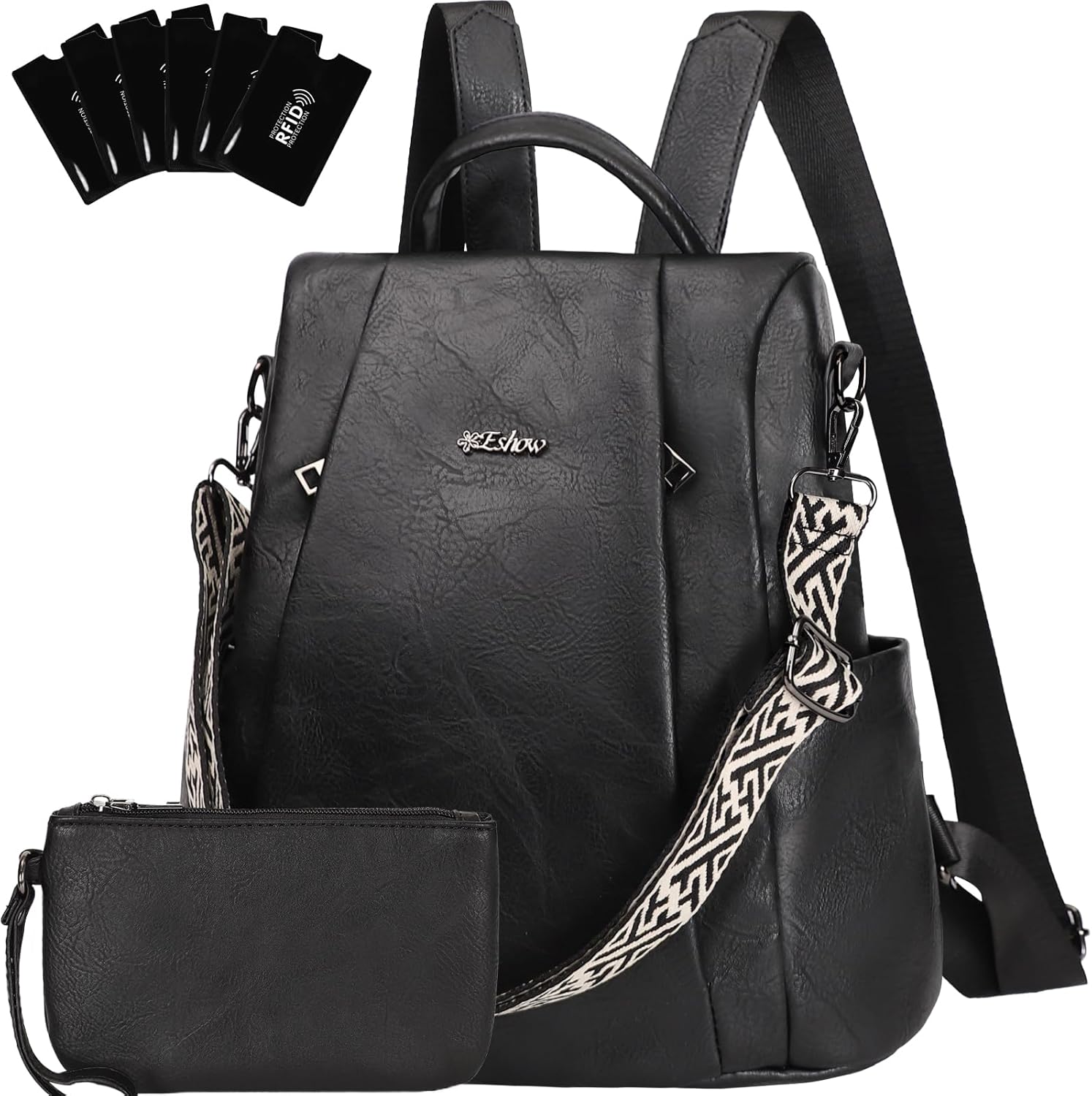 Eshow Rugzak voor dames, klein, anti-diefstal, elegante stadsrugzak, kleine waterdichte dagrugzak, veganistisch leer, rugzakhandtas met clutchbag, modern, voor pendelen, school, werk, reizen, blauw