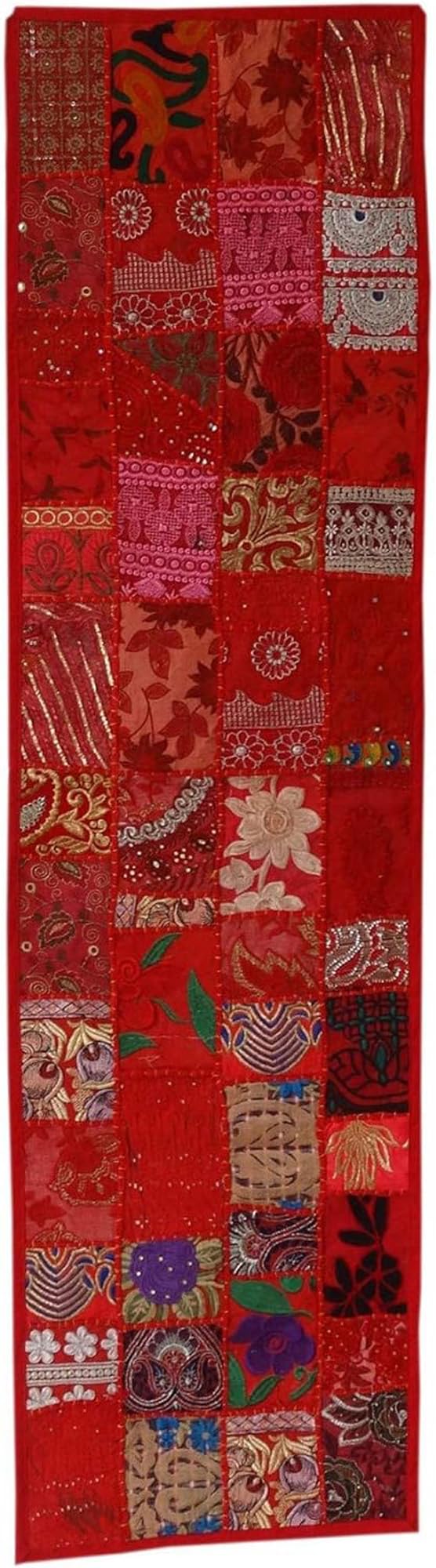 Tenture Murale Indienne Brodée Marusthali - Patchwork Sari Vintage Orange 30,5 X 152,4 Cm
