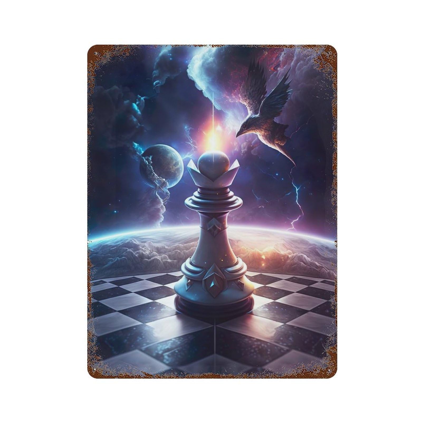 Vintage Metal Tin Sign with Chess Bishop in Space Design 15.7"x11.8", for Living Room, Hallway And Home Decor, Retro Wall Decor