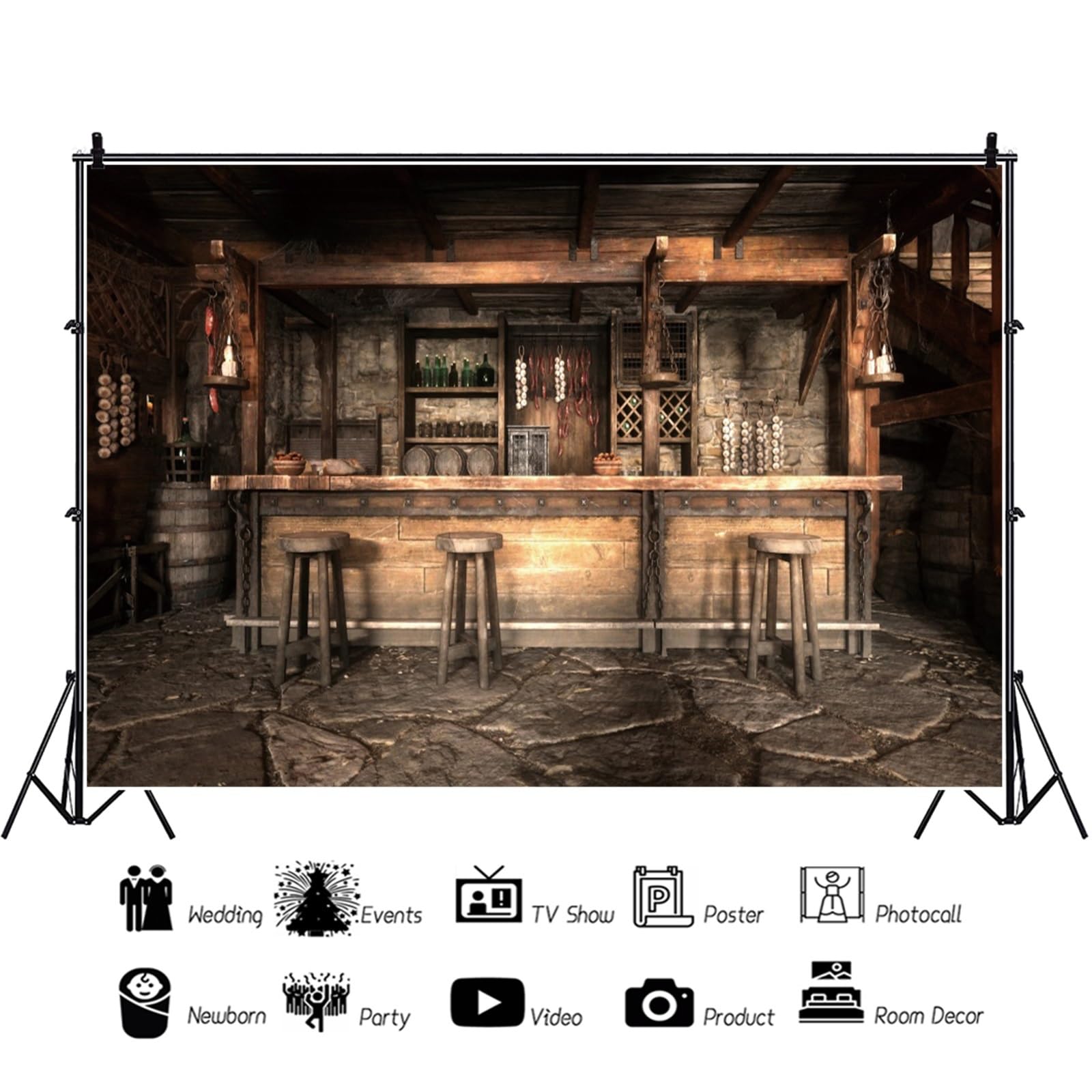 YongFoto 3,5x2,5m Tavernenbar Hintergrund Mittelalterlich Rustikales Saloon-Interieur Holzhocker Steinboden Hängende Kerzen Fotohintergrund für Kinder und Erwachsene Western-Cowboy Foto-Requisiten