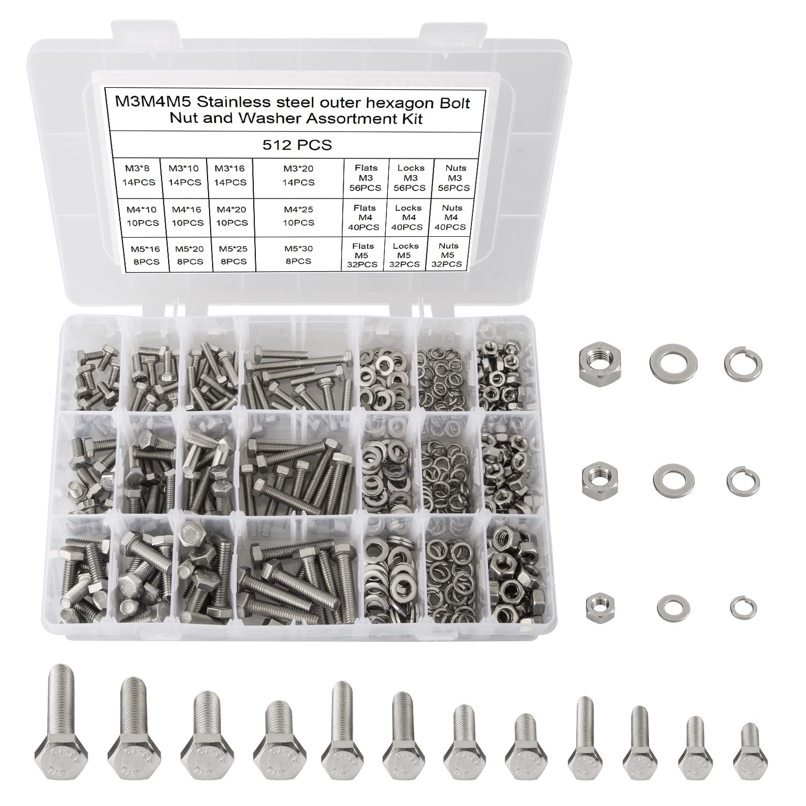 512 Stück M3 M4 M5 Edelstahl Muttern und Bolzen Set mit flachen Sechskantschrauben, Muttern, Unterlegscheiben und Flachdichtung, metrische Schrauben Sortiment