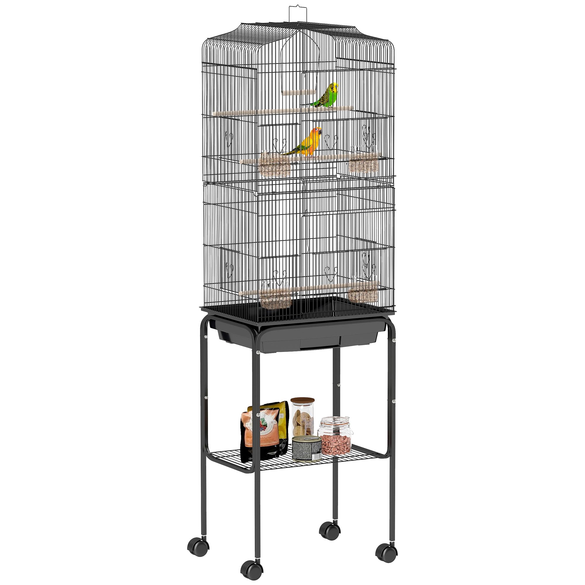 PawHut Jaula para Pájaros, Jaula Grande con Ruedas, Estante de Almacenaje, Puertas, 4 Comederos, 3 Perchas, Columpio, Bandeja Extraíble y Asa, para Loro, Canario, Periquito, 46,5x36x157 cm, Negro