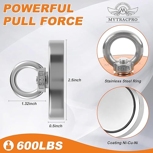 Miniatura 3 de Kit de pesca con imán, imanes de pesca de 600 libras con cuerda de nailon de 65 pies, imán de neodimio de una sola cara para recuperar en el río