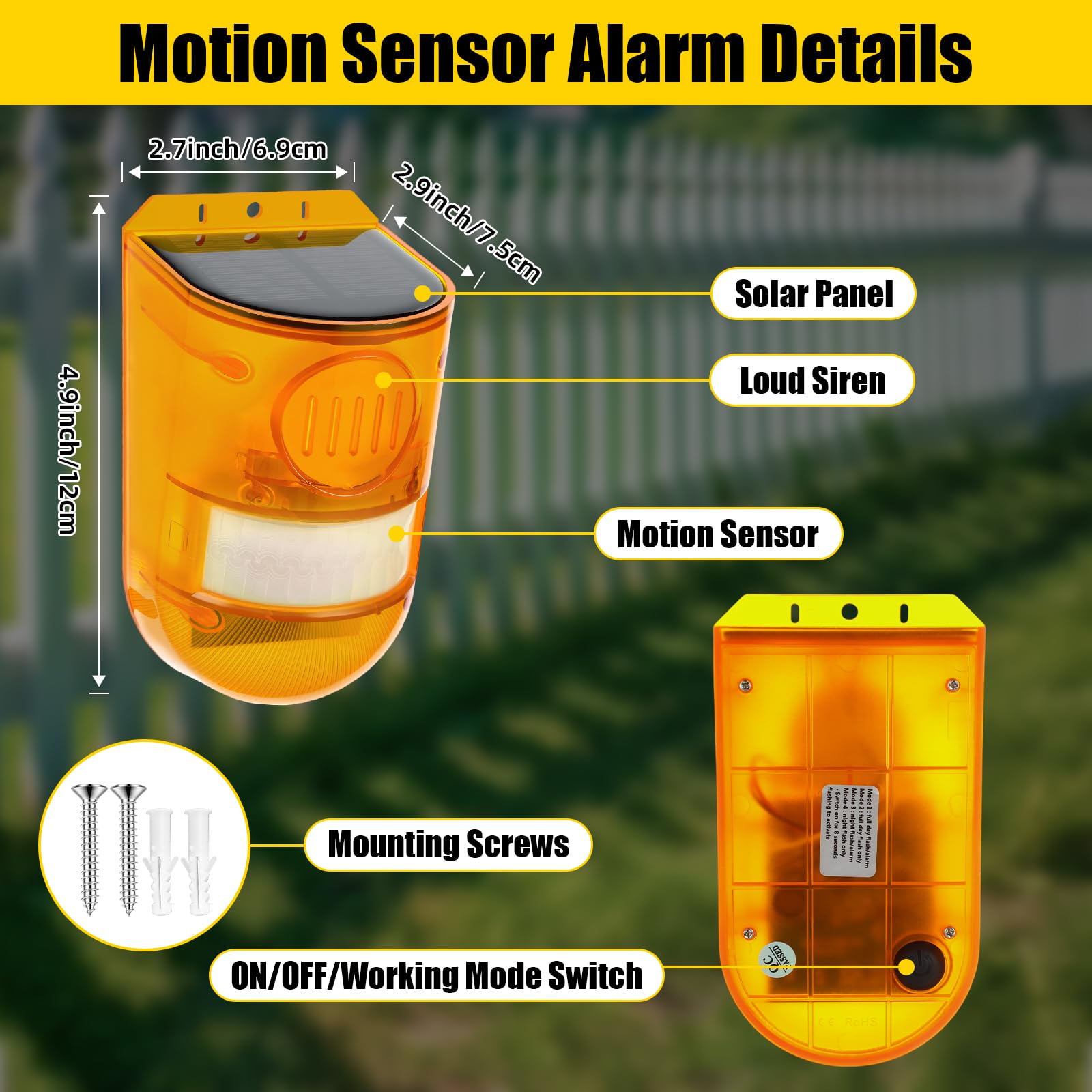 Qualirey Paquete de 4 sensores solares de sonido y luz, alarma de movimiento para exteriores, detector de movimiento solar, sirena disuasoria de animales, advertencia estroboscópica, luz roja, ruidosa