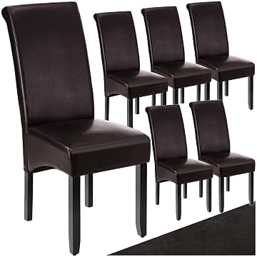 TecTake® Set de Sillas de Comedor, Piel Sintética, Forma Ergonómica, Patas de Madera, Lacadas, Fácil de Limpiar, 106cm, Sillas Dormitorio, Sillas de Comedor, Sillas Salon - 6 Sillas Marrón