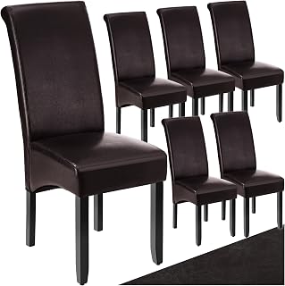 TecTake® Set de Sillas de Comedor, Piel Sintética, Forma Ergonómica, Patas de Madera, Lacadas, Fácil de Limpiar, 106cm, Sillas Dormitorio, Sillas de Comedor, Sillas Salon - 6 Sillas Marrón