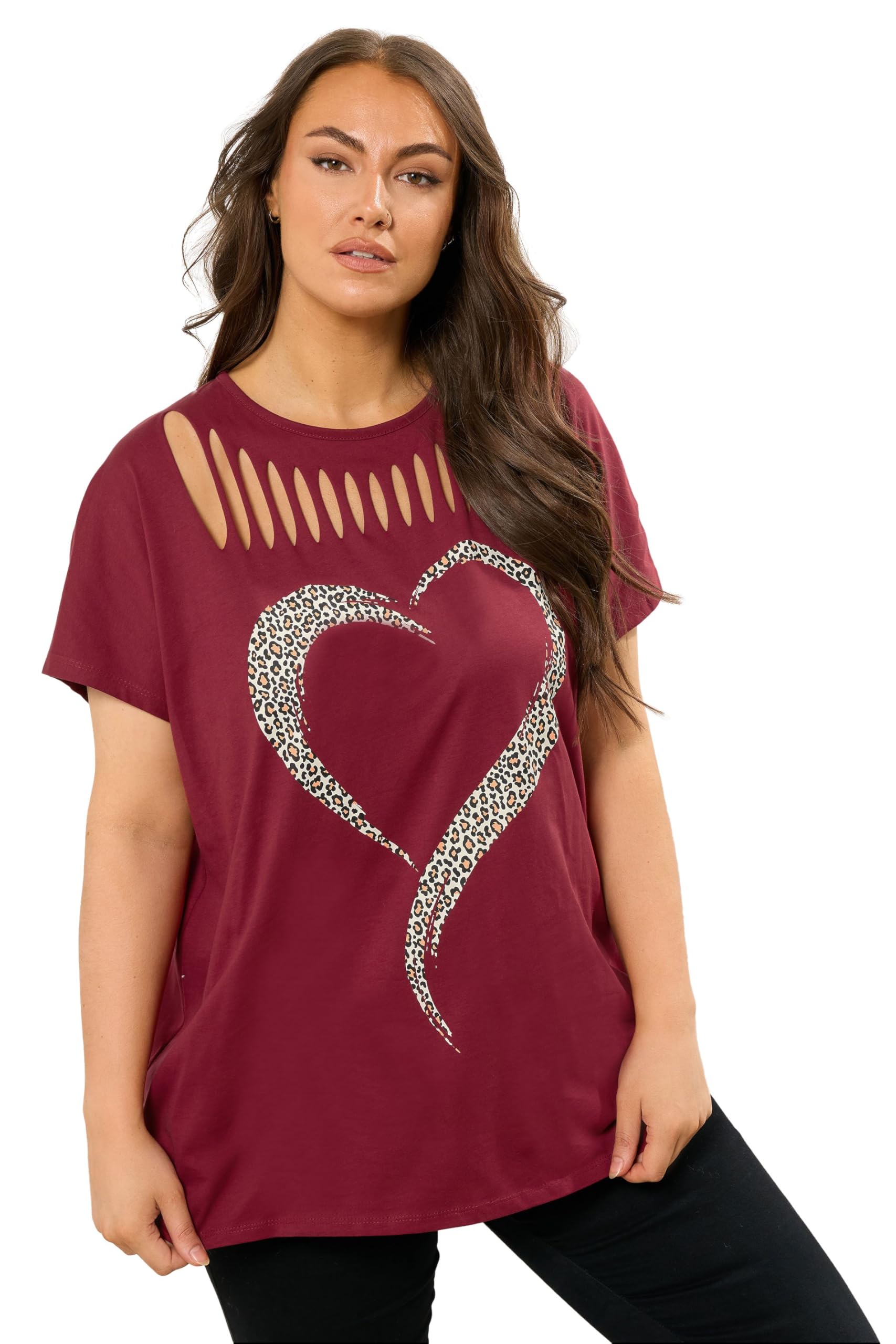 Yours Women's Heart Slash Detail T-Shirt in Burgundy | Size: 22-24
