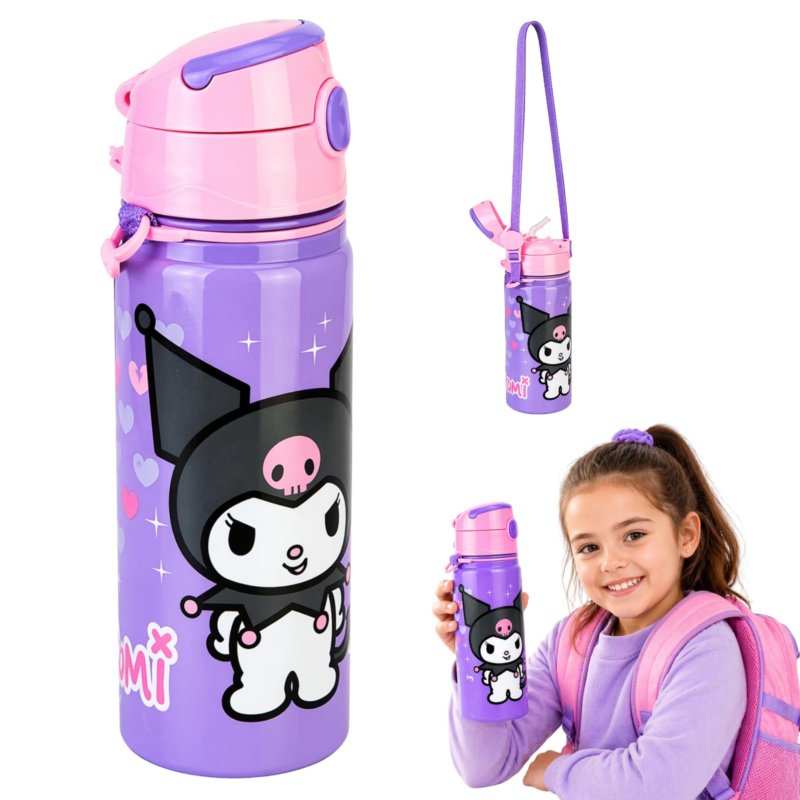 Srv Hub Boys Hello Kitty Kuromi Kids Water Bottle 600Ml Aluminium Design With Strap, Leak Proof Straw Lid, Lightweight Reusable Metal Bottle For Girls School Travel Sports Drinking Bottle - 21Cm