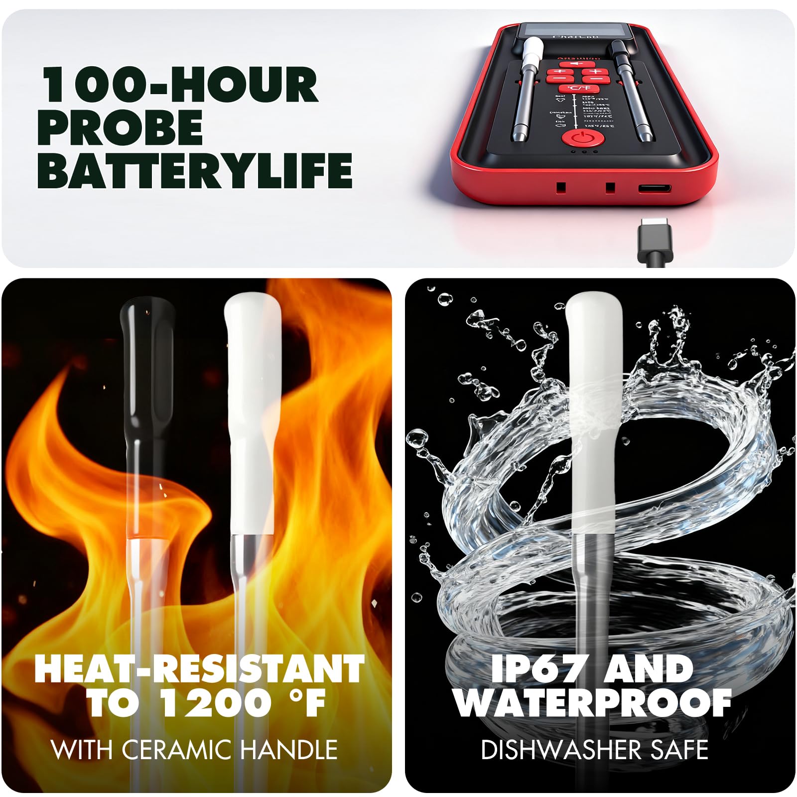 Fleischsondenthermometer kabellos mit eigenständigem LED-Display: 150 m Bluetooth, Dual-Sonde, kein Telefon oder App erforderlich, Geschenk für Griller, Smoker, BBQ Grill, Ofen, Rotisserie, Air Fryer