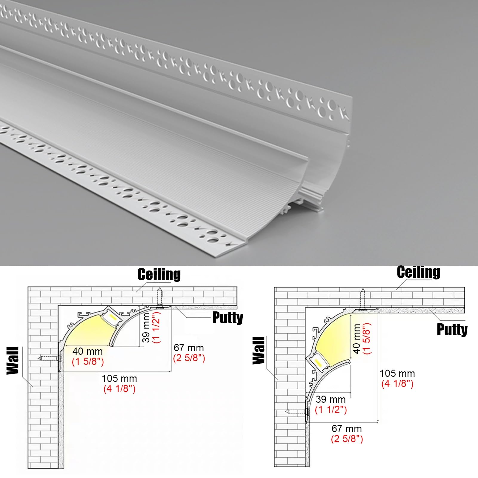 Sufitowa listwa sufitowa, 7,5 m konfigurowalny biały aluminiowy kanał LED cokół i listwy ścienne i sufitowe z akcesoriami, dwustronne pośrednie rozwiązanie oświetleniowe do dekoracji