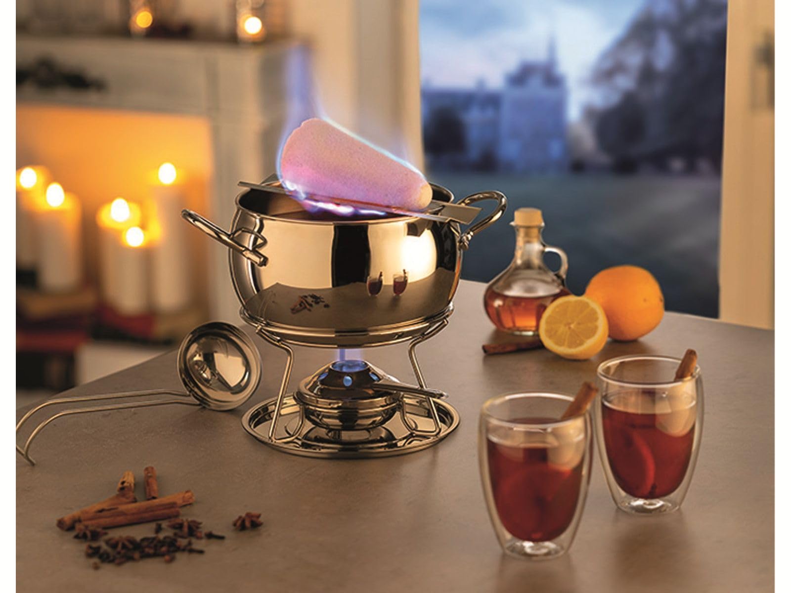 APS Fondue- und Feuerzangenbowle Set, Zuckerzange, Feuerzange, Fondue-Topf, Edelstahldeckel, hochglanzpoliert, Gestell, verchromt, Schöpfkelle, für ca. 2,2 Liter Flüssigkeit, Ø22 cm, 23 cm Höhe