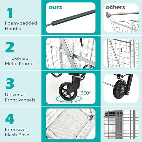 Miniatura 4 de COSTWAY Jumbo Deluxe Carrito de compras plegable, carrito de comestibles plegable con ruedas con forro de tela Oxford, cestas dobles, soporta hasta