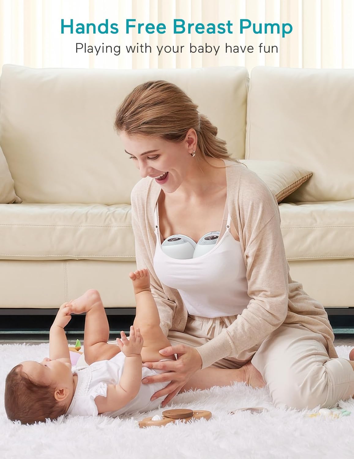 A woman playing with her baby while wearing two Paruu P20 breast pumps, demonstrating the hands-free capability.