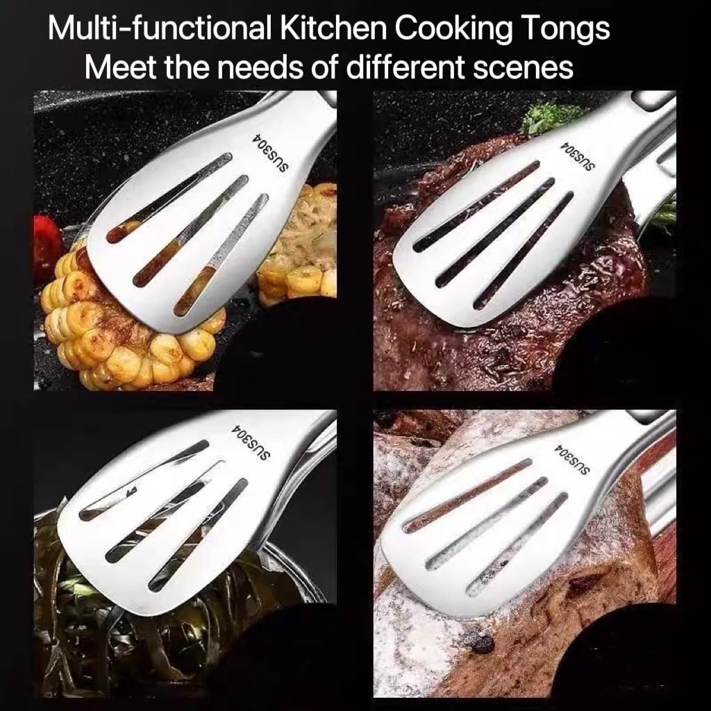 3 pinzas de cocina de acero inoxidable 304, pinzas de cocina multiusos para barbacoa, pinza para pan, abrazadera de carne frita, pescado volteado, pinzas de ensalada de tostadas (mango rojo