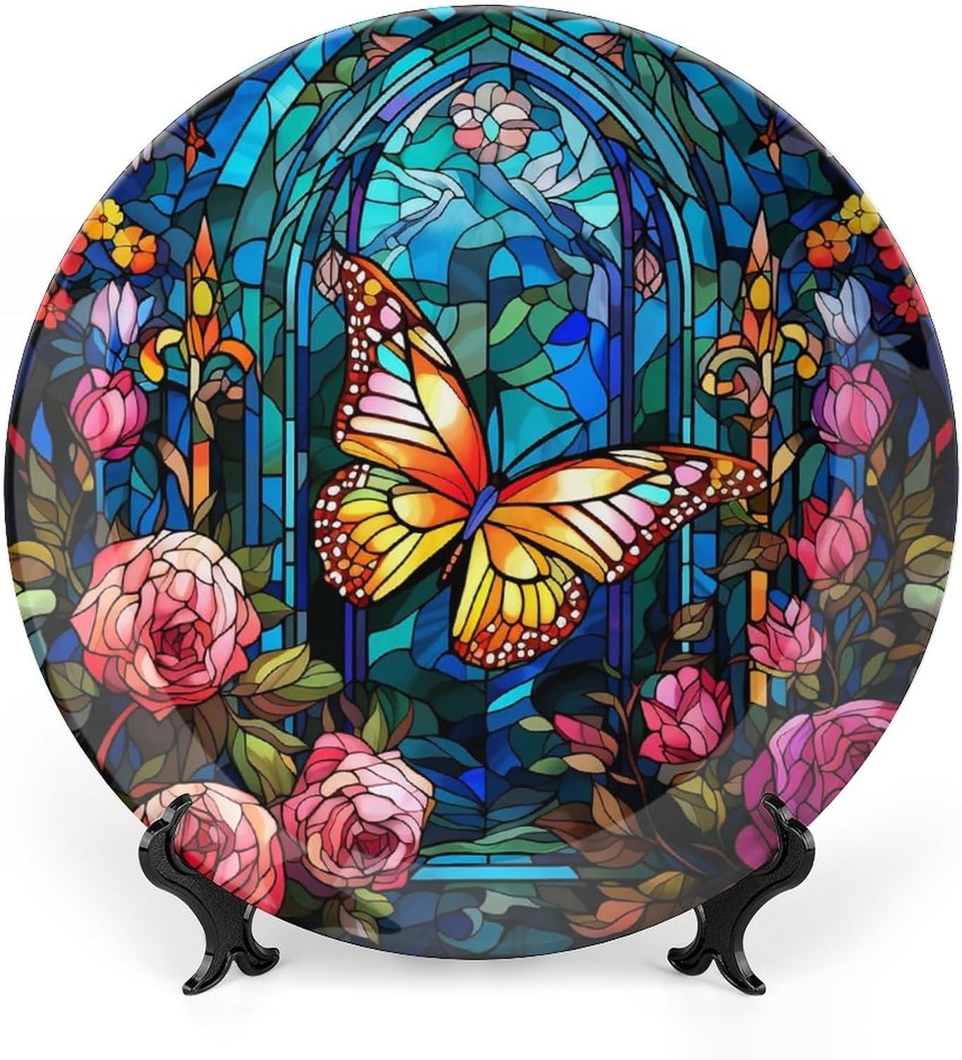Decorative Plates, Watercolor Butterflies & Pink Floral Stained Glass Print Display Plate for Home Office Kitchen Table Decor Porcelain Plates 6 Inch, Gifts for Butterfly Lovers