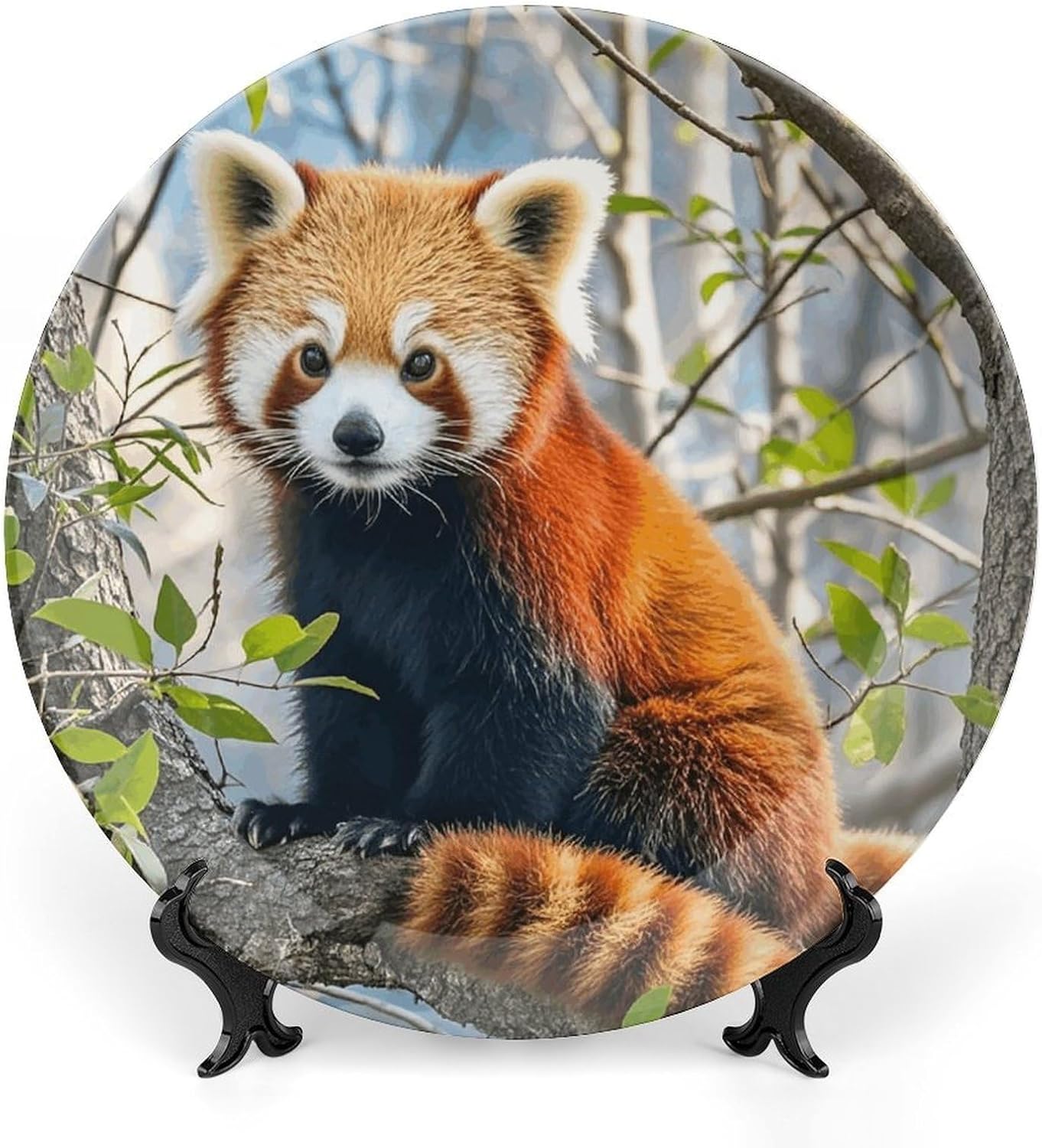 Little Red Panda Ceramic Plate 10inch Decorative Bone China Wall Hanging Ornament Plates Bohemian Style Dinner Plate with Display Stand Cabinet Display Plates for Home Art Decor