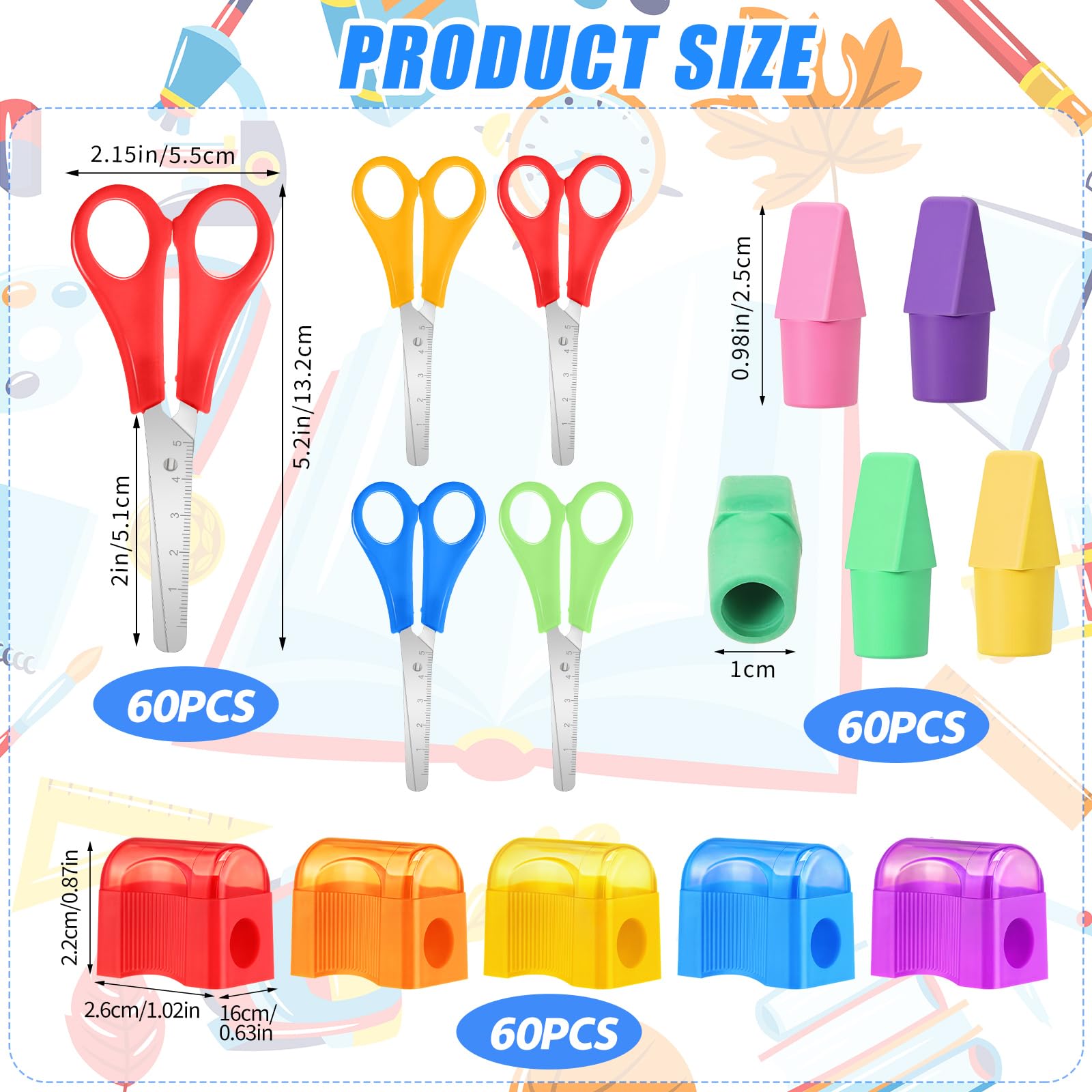 AmazingSpark Kit de 180 fournitures de rentrée scolaire pour enfants comprenant des gommes à crayon, des ciseaux d'étudiant de 12,7 cm, des taille-crayons miniatures pour étudiants, salle de classe