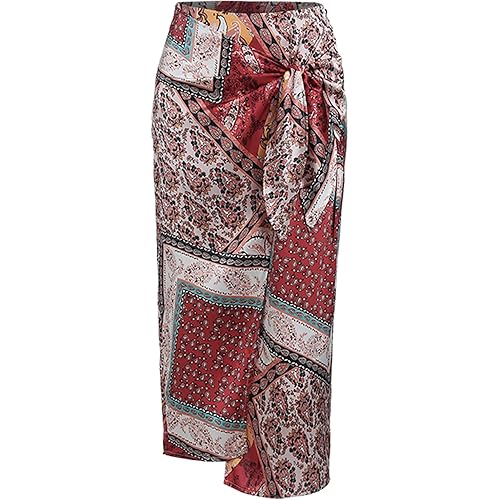 ZAFUL Women's Boho Skirt Asymmetrical Skirts Tied Floral Paisley Printed High Waist Ruched Skirts for Women
