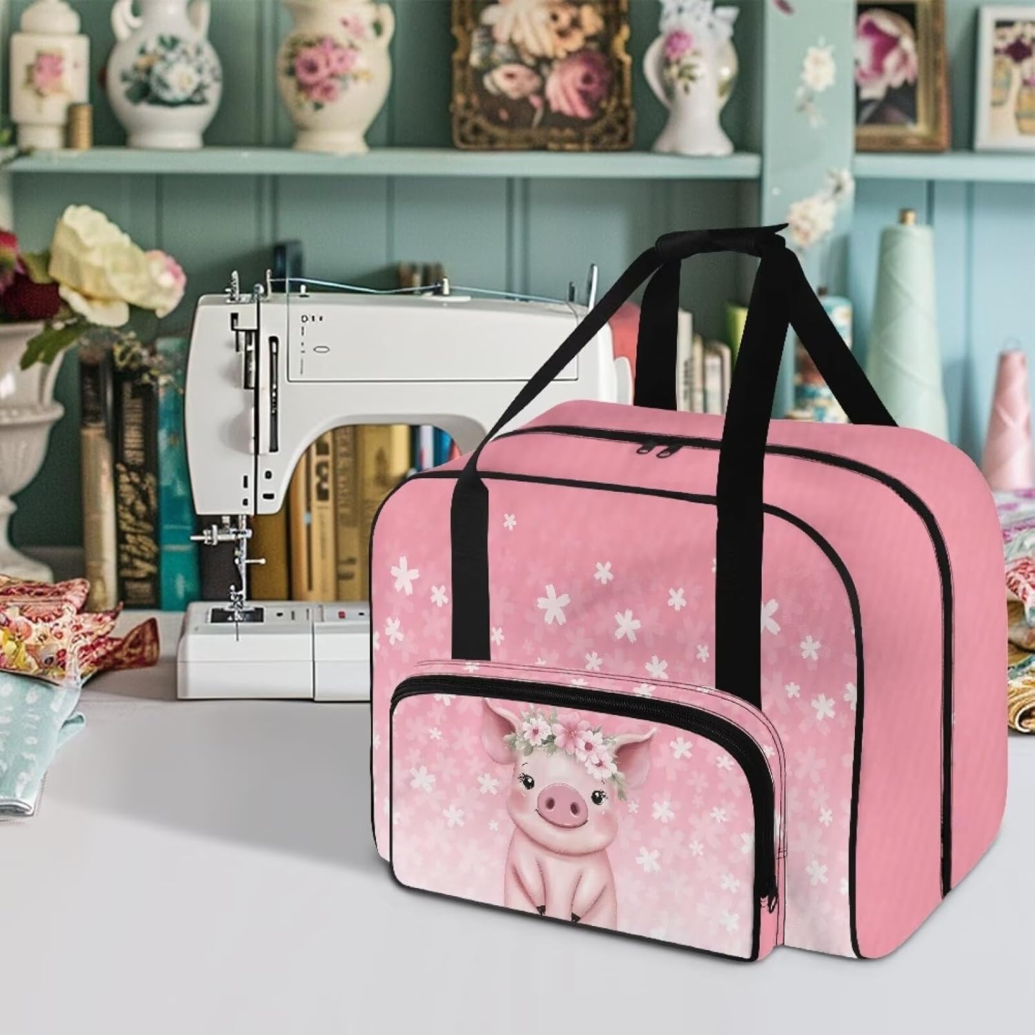 Sewing Machine Carrying Bag Large Capacity Dust Storage Bag Portable Sewing Machine Organizer Bag Universal Travel Tote Bag, Pig Wreath Cherry Blossom