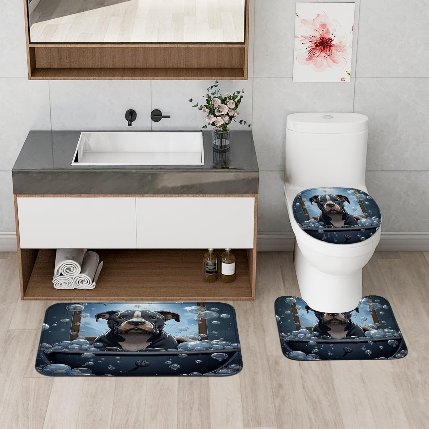 4PCS Pitbull Bath in A Tub Shower Curtain Sets with Non-Slip Rug, U Shape and Toilet Lid Cover Mat, Cartoon Animal Puppy Kids Bathroom Accessory Sets Decor with 12 Hooks, 72 x 72 Inch