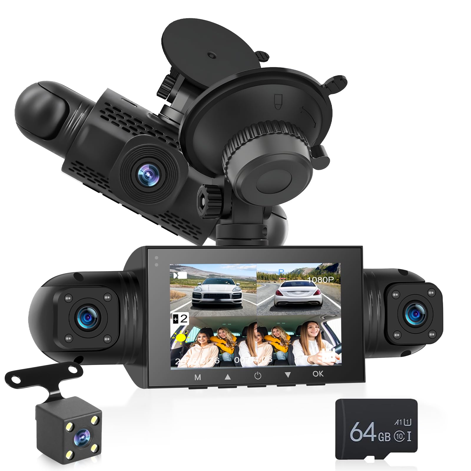 NHOPEEW 4 Canales Dash CAM Delantera y Trasera - 1080P Dashcam con 360°Cameras - Pantalla IPS de 3 Pulgadas con G-Sensor Grabación en Bucle 24H Parking Monitor Visión Nocturna + 64GB SD Card