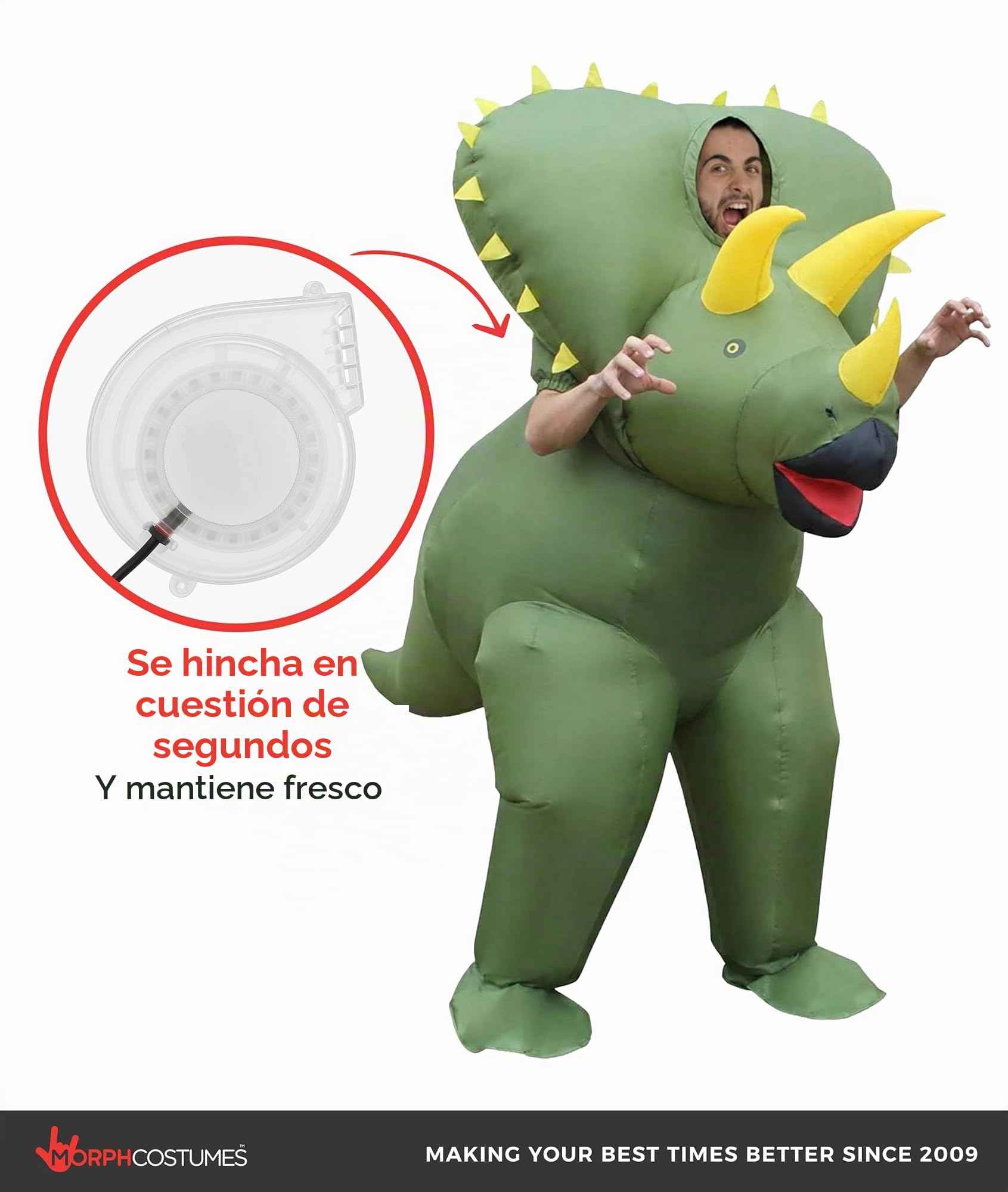 Morph Disfraz Triceratops Adulto, Disfraz Hinchable Halloween Adulto | Mono Verde con Ventilador, Diseño de Triceratops, Se Infla en Segundos, Perfecto para Halloween, Siempre un Éxito