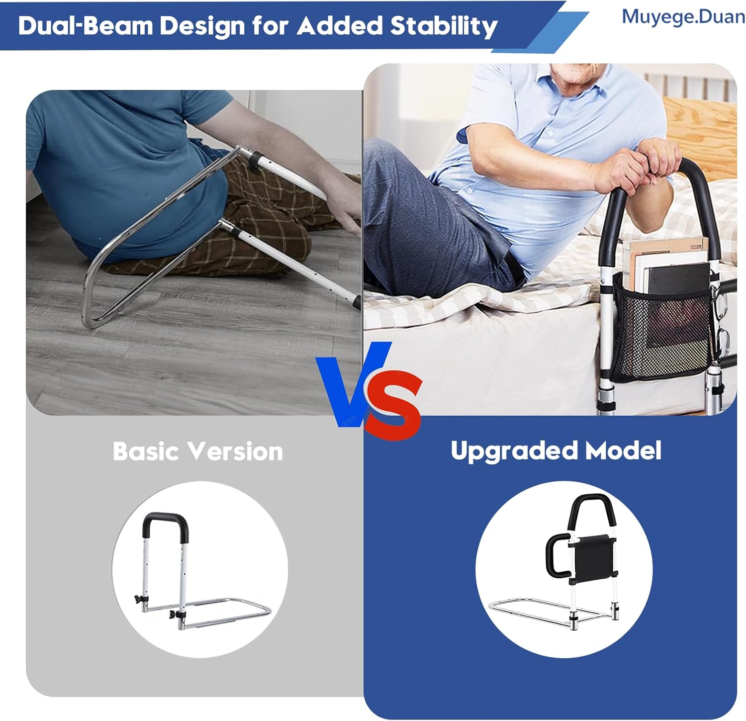 Bed Rail for Elderly Adults – Adjustable Bed Assist Handle with Non-Slip Foam Grip, Storage Pocket & Safety Strap Tool-Free Installation Bedside Rail for Seniors, Injured or Pregnant Users