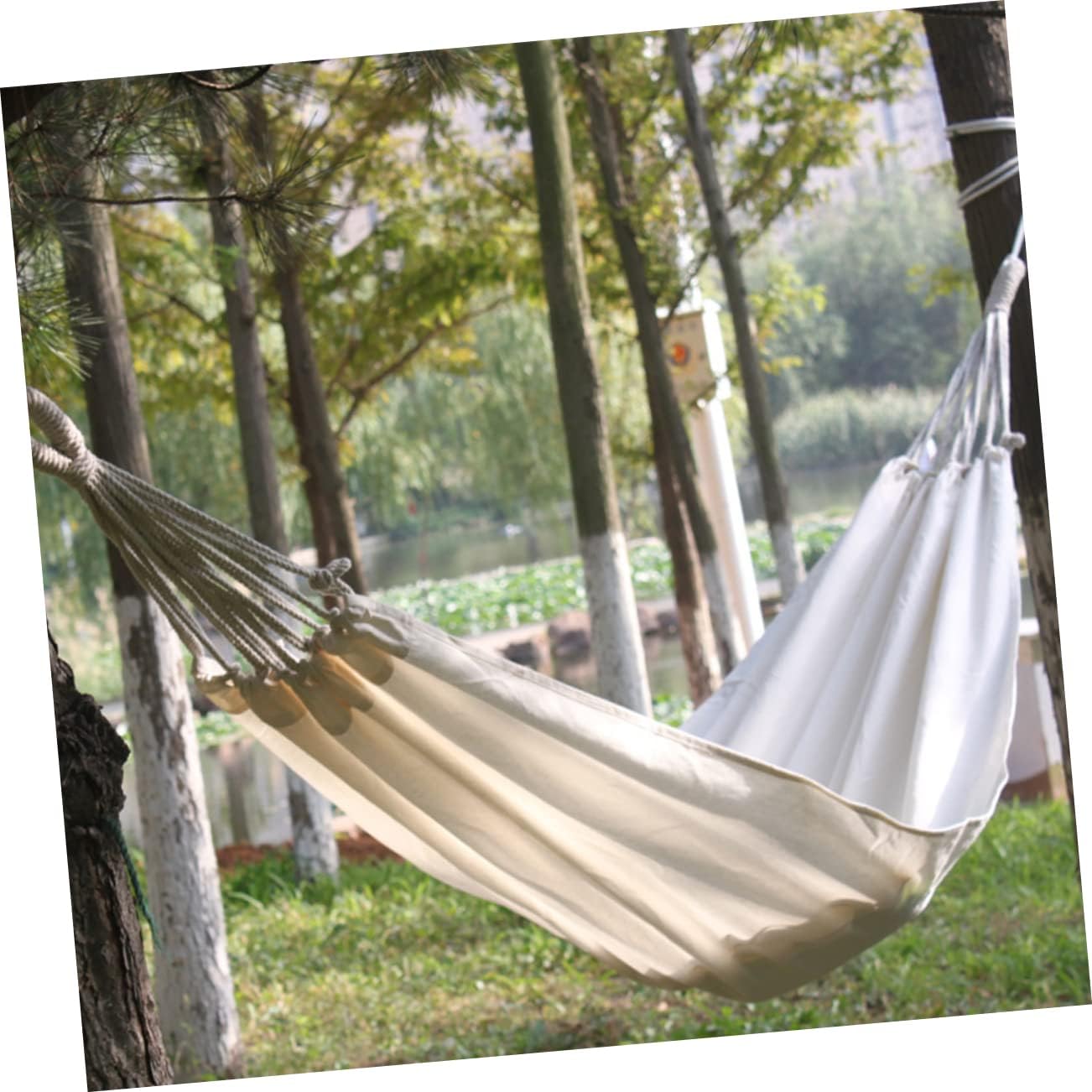 HEMOTON Single 200x80cm Canvas Camping Hammock with Hanging Rope Outdoor Swing Chair for Relaxation and Leisure Portable for Backyard Patio and Camping