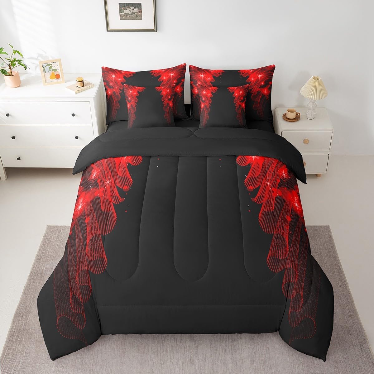 jejeloiu Orange and Black Comforter Set with Sheets 7 Piece Abstract Lines Bedding Set Queen Size Geometric Bed in a Bag Abstract Bed Set with Comforter, Sheets, Pillowcases & Cushion Covers