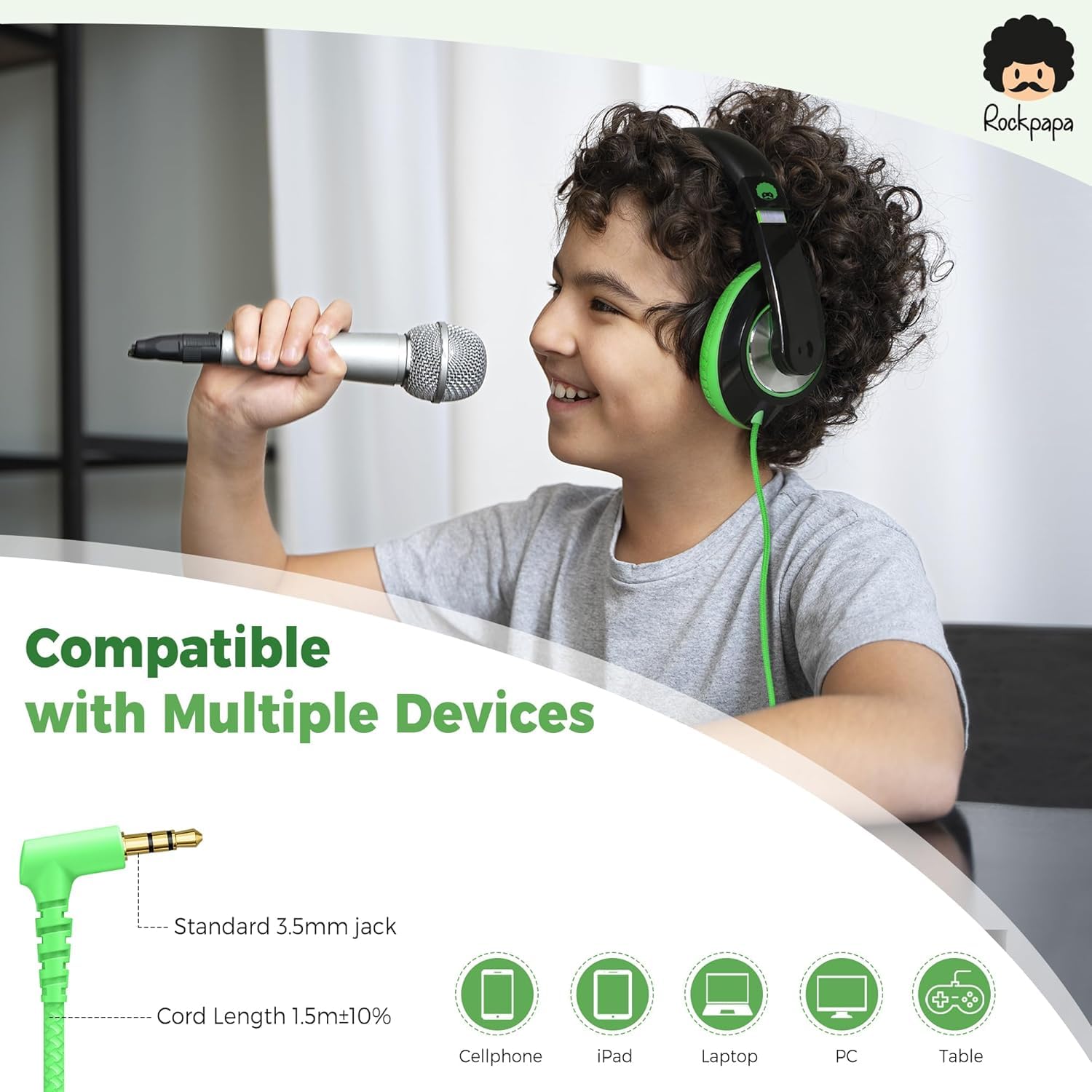 rockpapa Cuffie comode per bambini per scuola, leggere, per bambini, ragazzi, ragazze, adolescenti, cuffie sovrauricolari cablate da 3,5 mm per lettore CD, DVD, tablet, telefono da viaggio, nero/verde