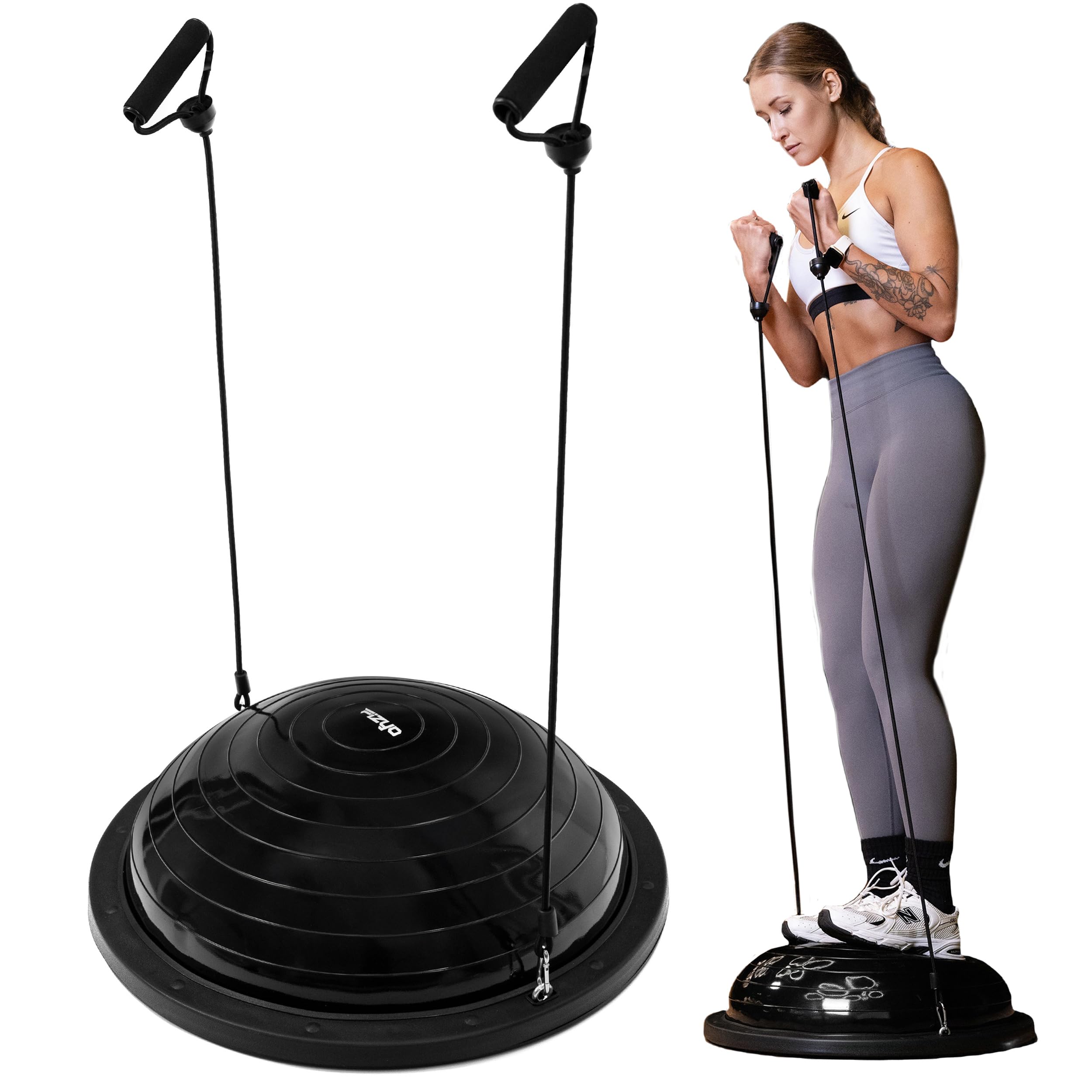 FIZYO Balance Trainer Demi-Boule Ø 58 cm, Ballon d'Équilibre Antidérapant avec Bandes de Résistance & Pompe pour Entraînement Core, Yoga, Pilates, Fitness, Physiothérapie & Rééducation, Noir
