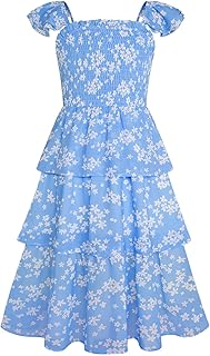 Girls Floral Smock Dress Flutter Sleeves Flowing Tiered Layers Spring Summer Midi Holiday Boho Dresses 5-12Y - Buy now