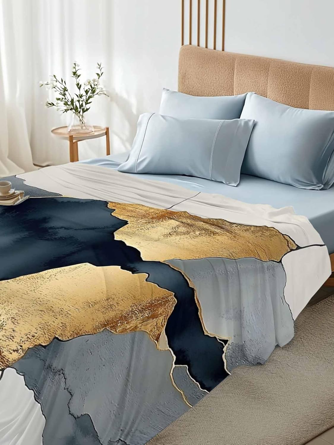 California King Flat Sheet, Gold Blue Gray Marble Cal King Bed Sheets Only, Soft Microfiber Flat Sheet, Retro Abstract Patterned Art Hotel Quality Bedding Top Sheet Bedroom Home Dorm Decor