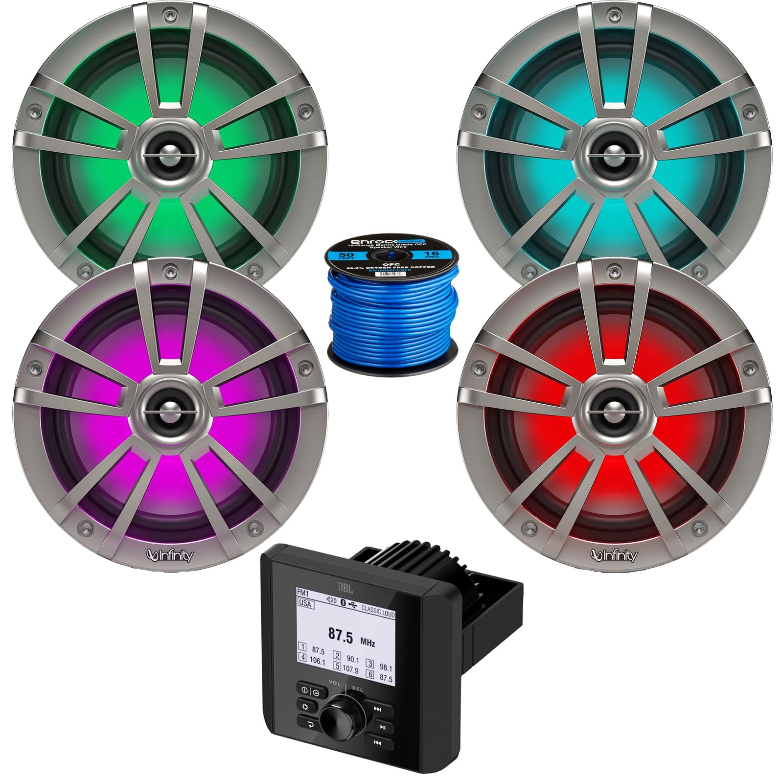 Bluetooth AM/FM Radio IP66 Multi-Element Digital Media Marine Audio Receiver Bundle Combo with 2 Pair (Qty 4) of 6.5