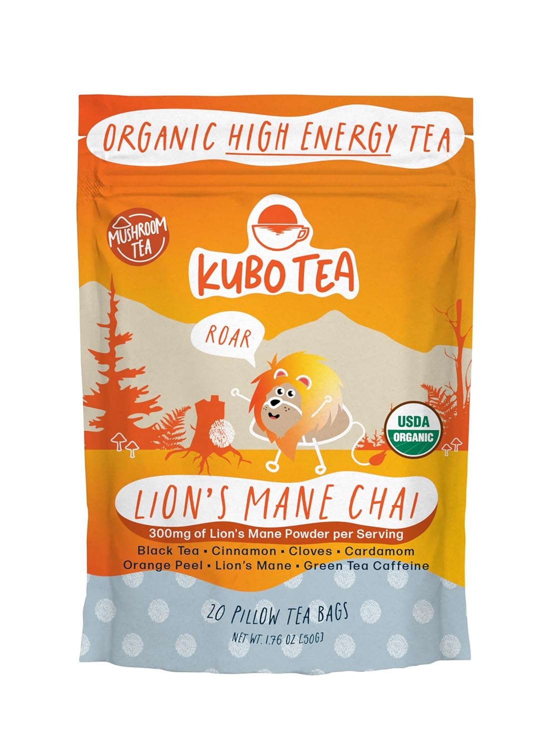 Kubo Tea Lion's Mane Black Tea - High Caffeine Coffee Substitute | w/ 20 Servings | 155mg Caffeine Each | Organic Tea Bags | Pillow Bag Design | Biodegradable and Compostable Packaging