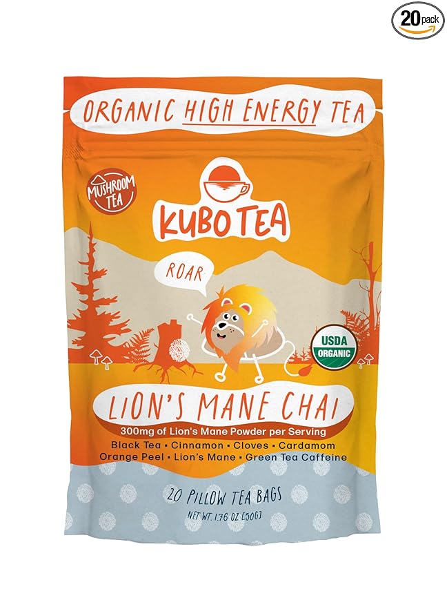 Kubo Tea Lion's Mane Black Tea - High Caffeine Coffee Substitute | w/ 20 Servings | 155mg Caffeine Each | Organic Tea Bags | Pillow Bag Design | Biodegradable and Compostable Packaging