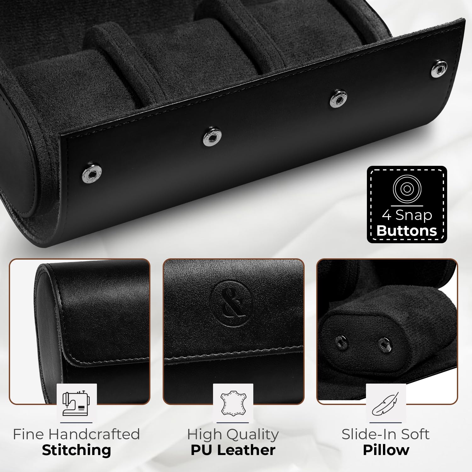 W&S - Estuche de viaje para relojes para hombres y mujeres con organizador de almacenamiento de 3 relojes, almacenamiento seguro con innovadoras almohadas extraíbles y separadores sólidos para