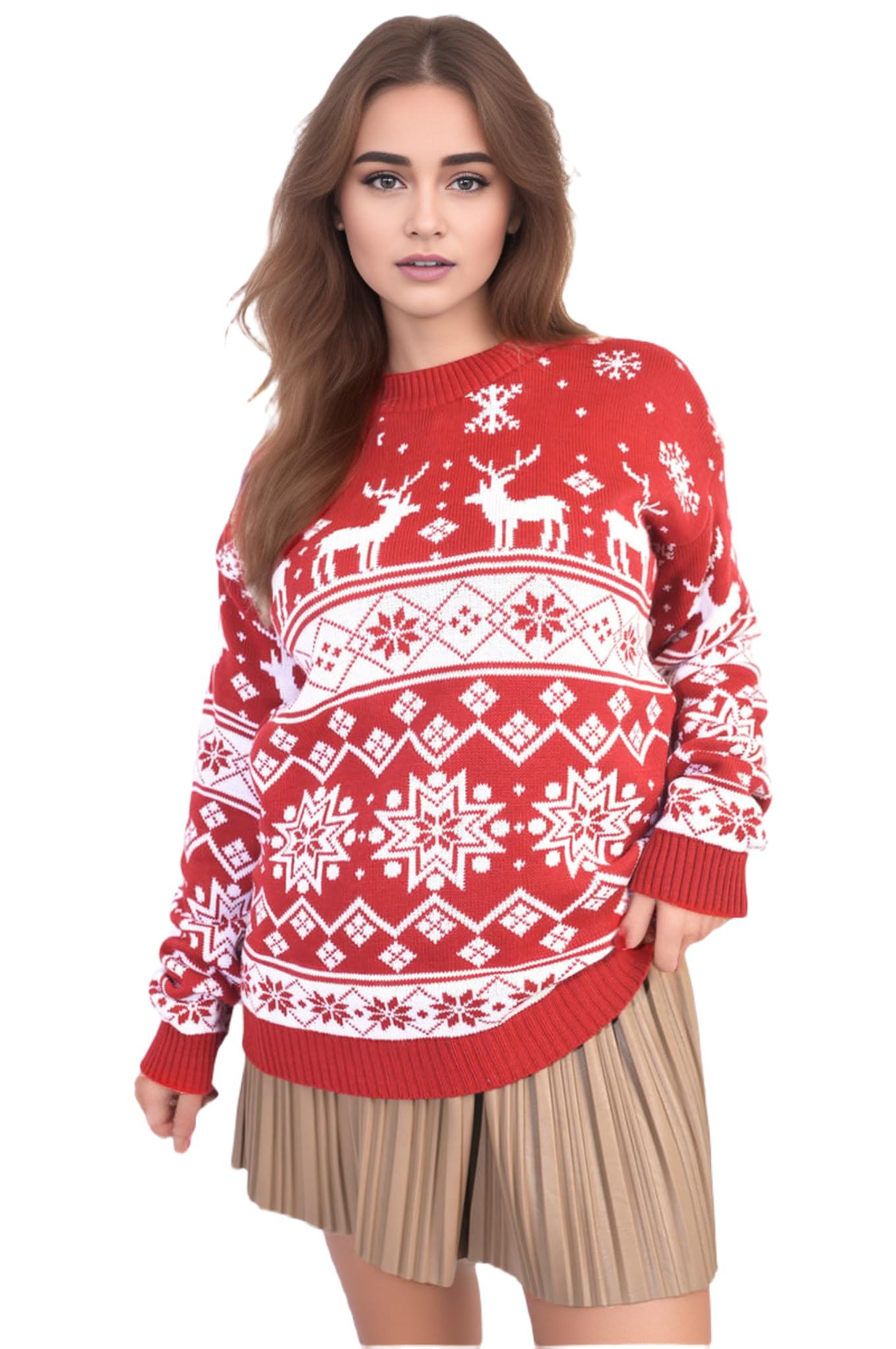 Wearall Women's #Red Reindeer Snowflake Long Sleeve Festive Sweater Christmas Jumper - Family Jumper Red - 12-14