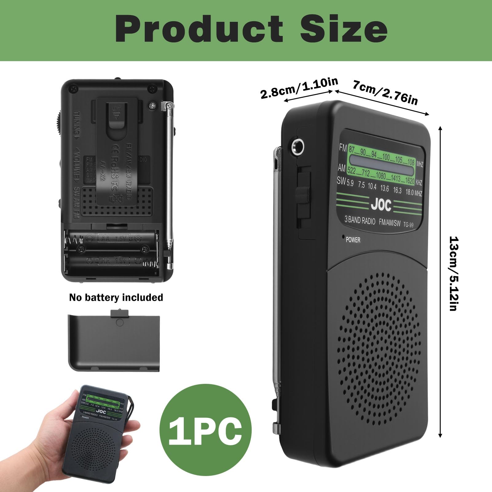 Radio Portable AM/FM/SW Mini à Piles AA avec Lampe Torche, Écouteurs, Cadeau Fête des Pères