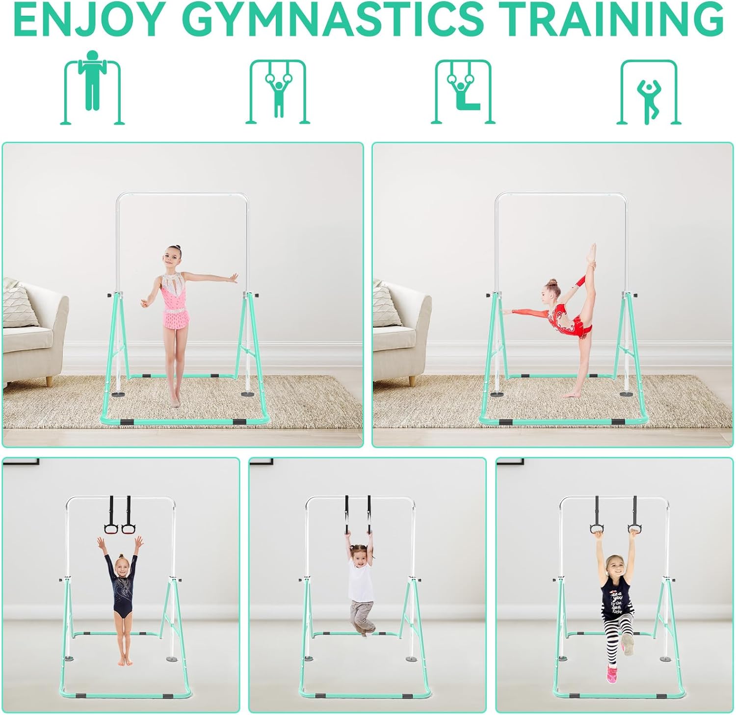 FINCOME Gymnastics Bar for Kids with Gymnastics Rings, Height Adjustable Gymnastics Horizontal Bar, Foldable Bar Gymnastics Equipment for Home Room Indoor Outdoor Training, Gymnastic Bar