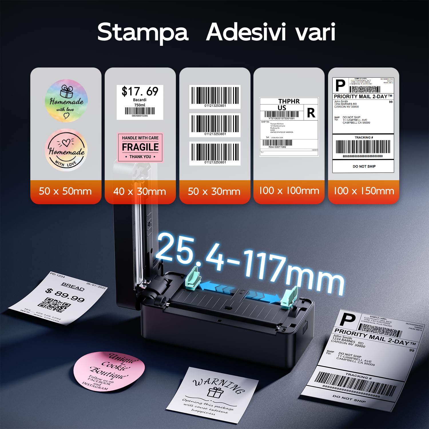 Stampante Etichette Spedizione, Stampante Termica Etichette Adesive 4x6 | Supporta Bluetooth e USB, Adatta alla Stampa di Etichette di Spedizione, Compatibile con Amazon, Vinted, Etsy, UPS, Bianco