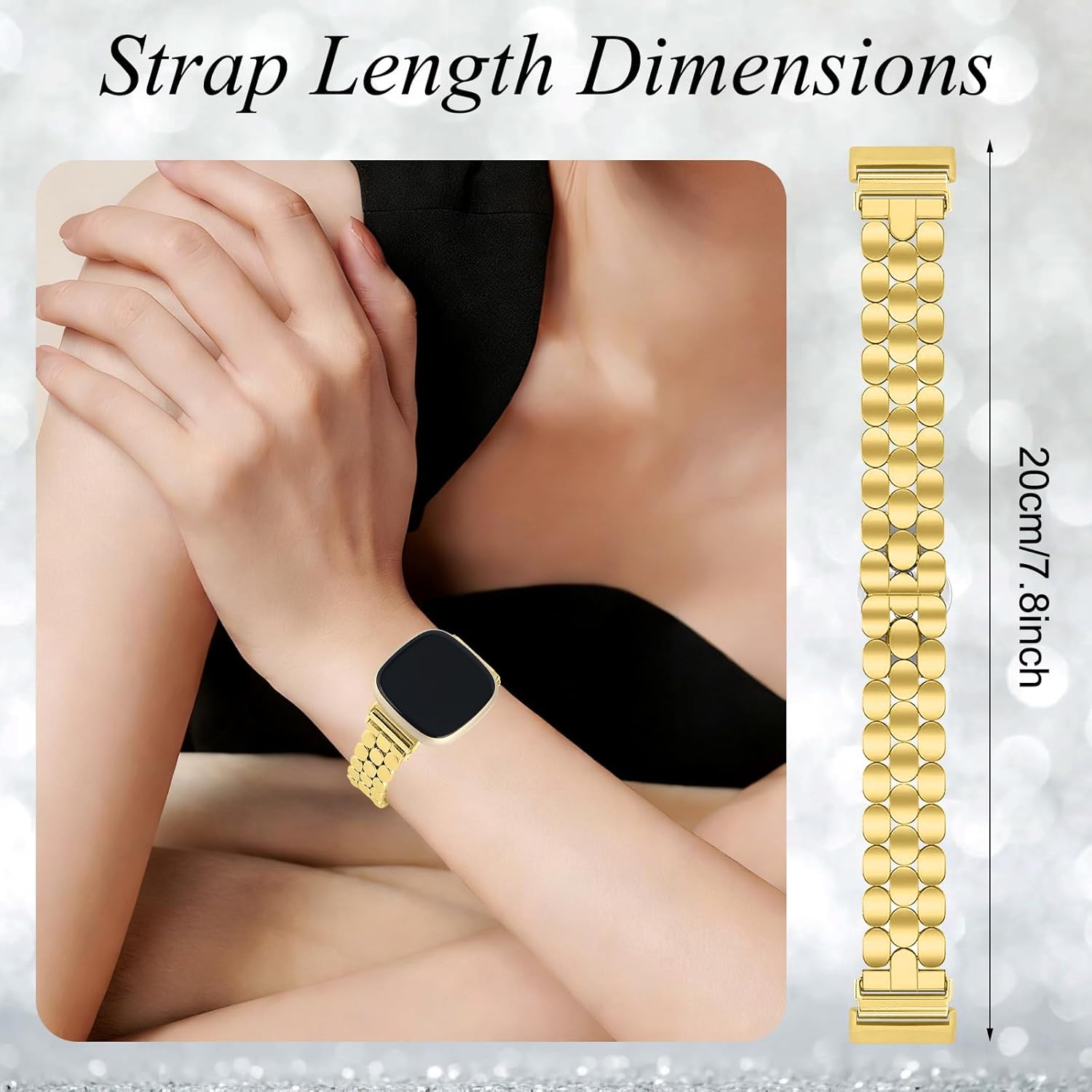 Designer Band for Fitbit Versa 4/Sense 2/Versa 3/Sense Band, Women Stainless Steel Dressy Bands Compatible with Worn Daily Adjustable Strap for Fitbit Smartwatch