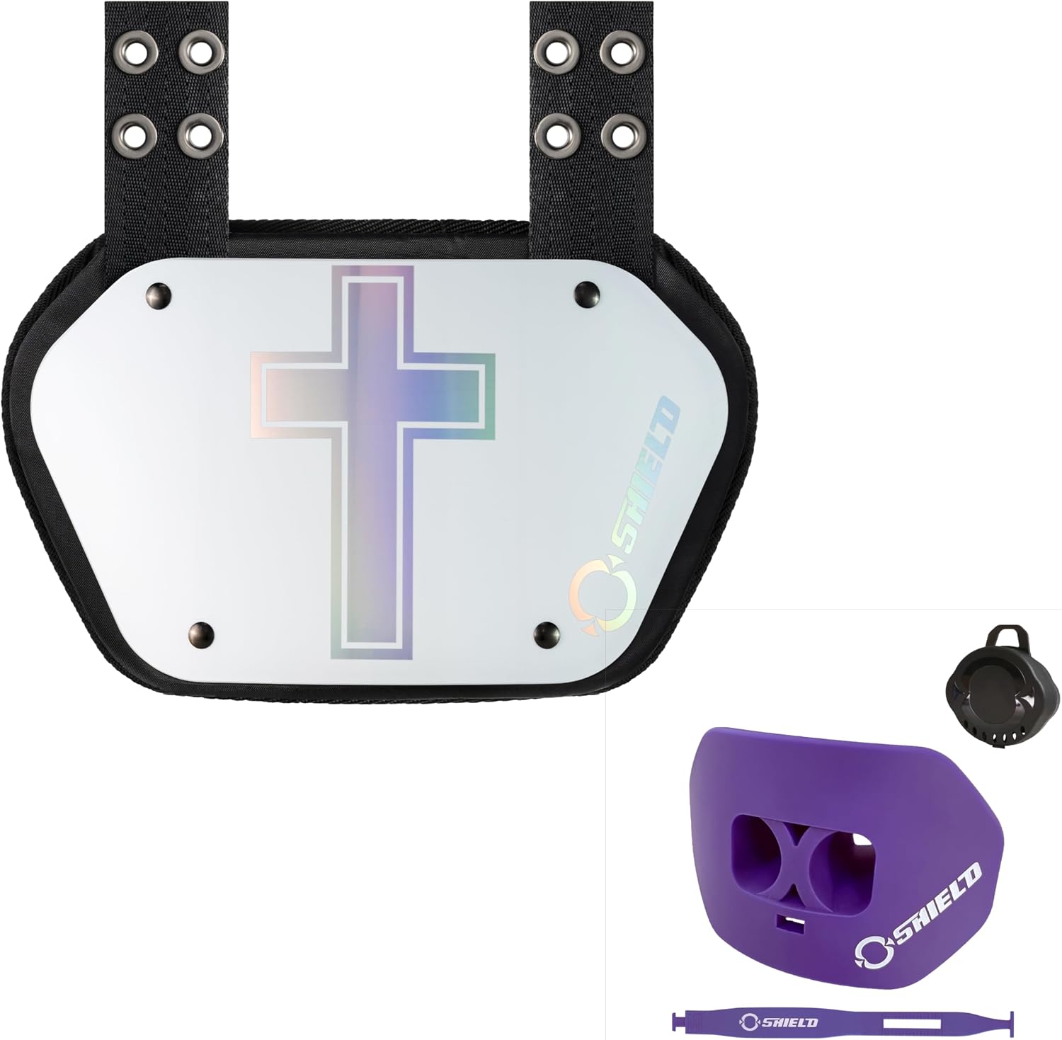 O Shield Holy Cross White Football Backplate with Purple Mouthguard, Backplate Football with Mouthguard, Sold by Package, Youth Fit